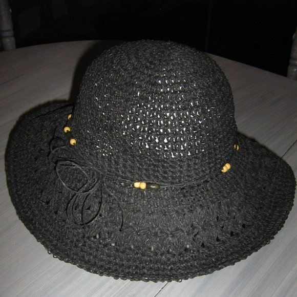 Ladies Black Straw Sun Hat - Picture 1 of 3